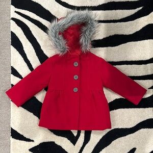 Stylish Red Coat with Faux Fur Trim